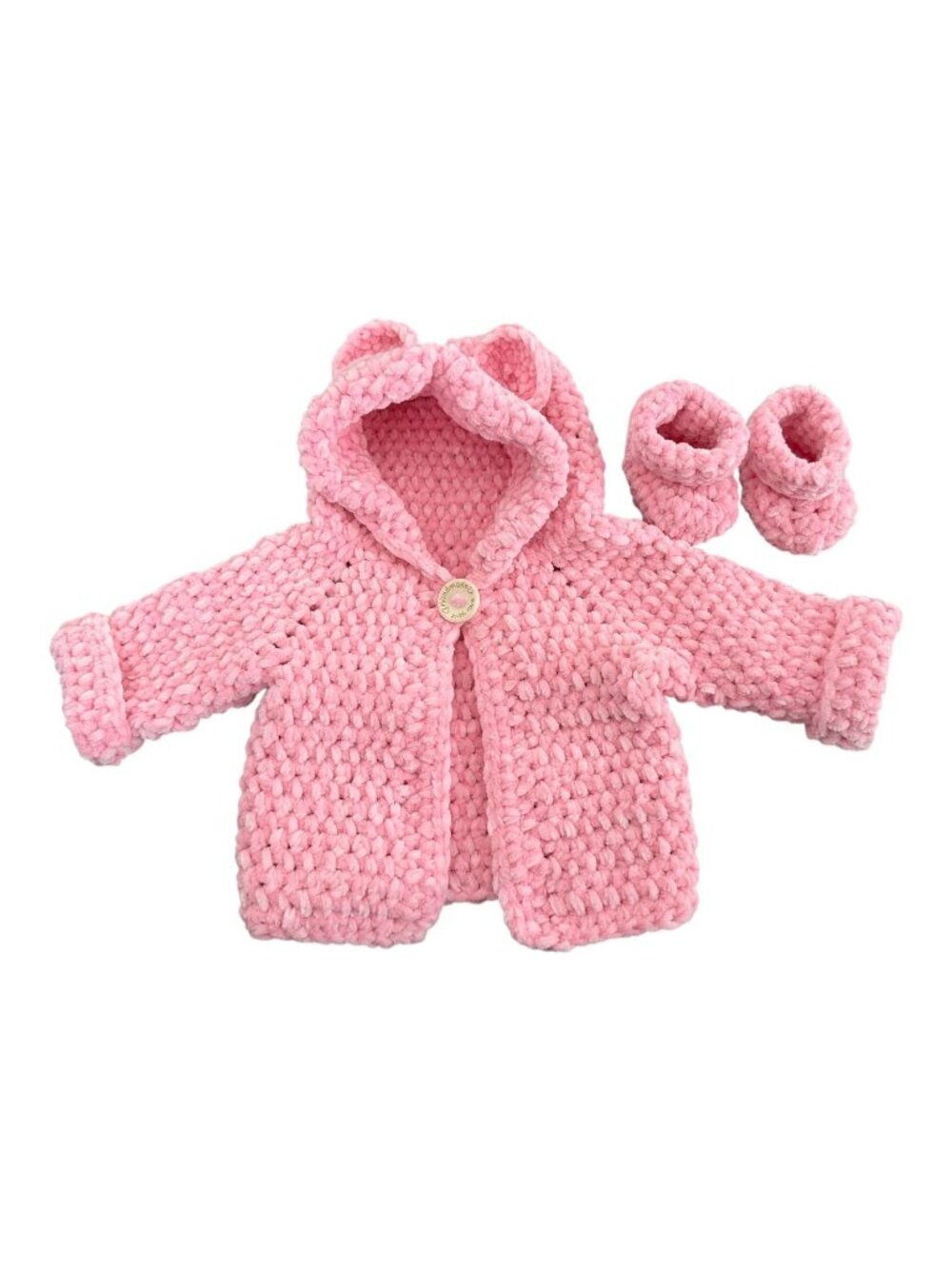 Handmade Pink Chenille Newborn Baby Hoodie & Booties Set Bear Ears Soft Plush